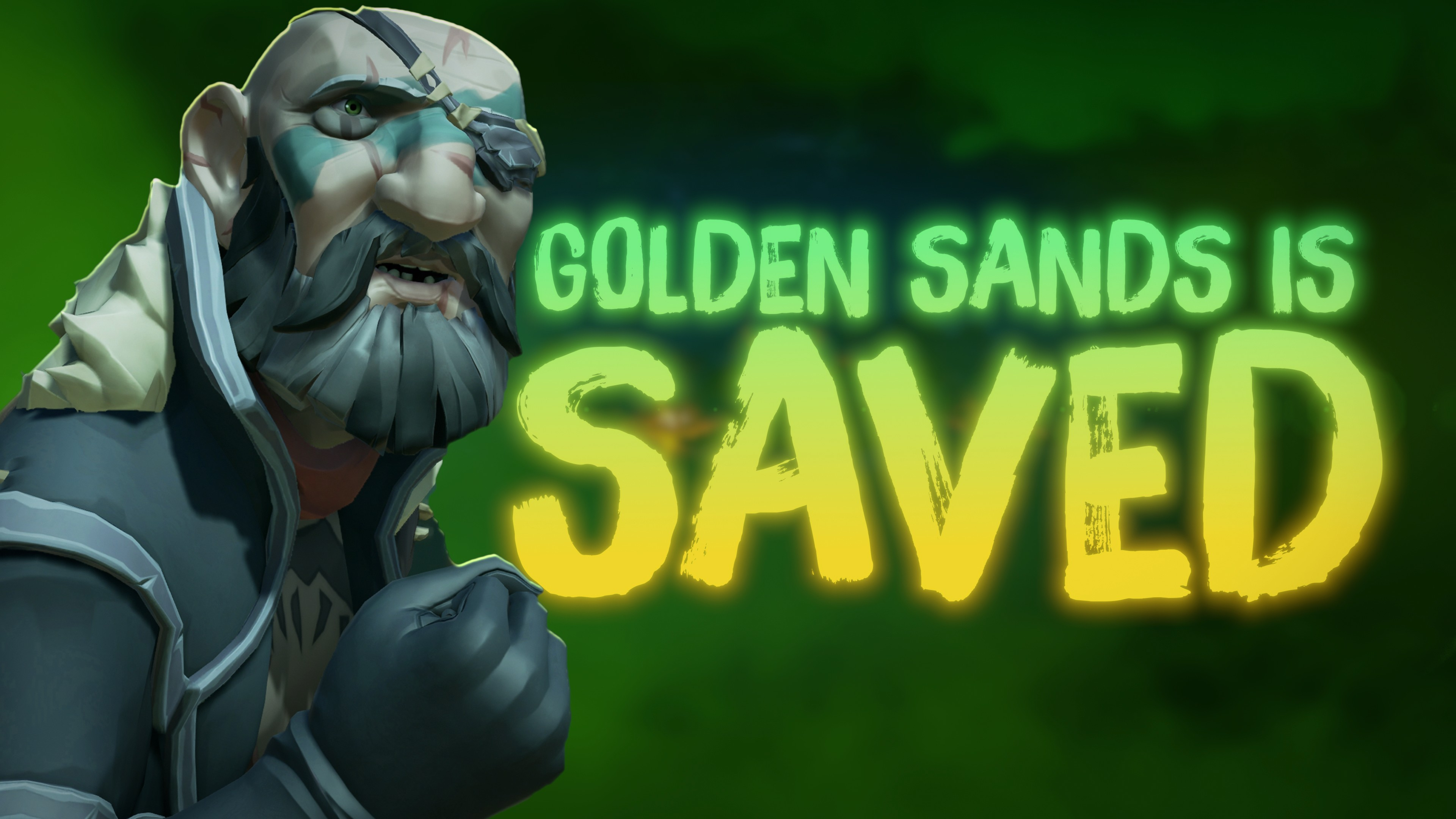 Un viejo pirata mira sorprendido. A su lado se lee un texto que dice'Golden Sands is Saved'